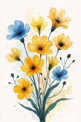 A radiant watercolor bouquet featuring yellow and blue wildflowers with fluid brushstrokes and soft color splashes, evoking joy, balance, and the beauty of nature in bloom.