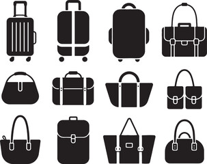 Collection of black silhouettes various bags luggage