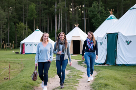 Three women strolling through a serene yurts village in a forest glade
