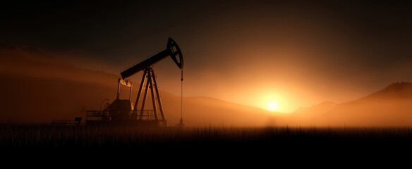 The oil pumpjack silhouetted against a stunning sunset landscape.