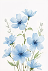 A serene watercolor pattern of soft blue flowers and slender green stems on a white background, radiating calm, elegance, and quiet beauty.