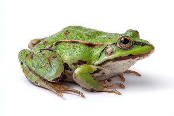 A vibrant green frog, showcasing intricate skin patterns, sits against a stark white backdrop.