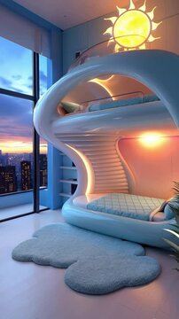 futuristic room with city view