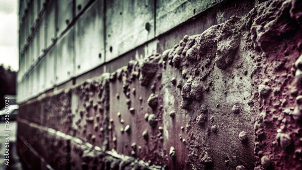 Aufkleber A close-up view of a weathered concrete wall with a rough and uneven texture, revealing the passage of time and the elements.