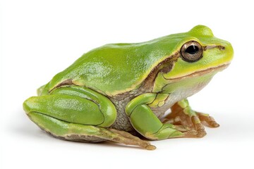 Vibrant green European tree frog posed against a white background.