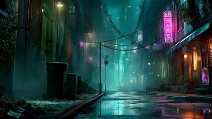 Mysterious illuminated alley in a futuristic city at night with vibrant neon lights and reflective wet pavement - Powered by Adobe