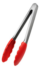 Fototapeta na wymiar Stainless steel kitchen tongs with red silicone tips designed for cooking and grilling on transparent background.