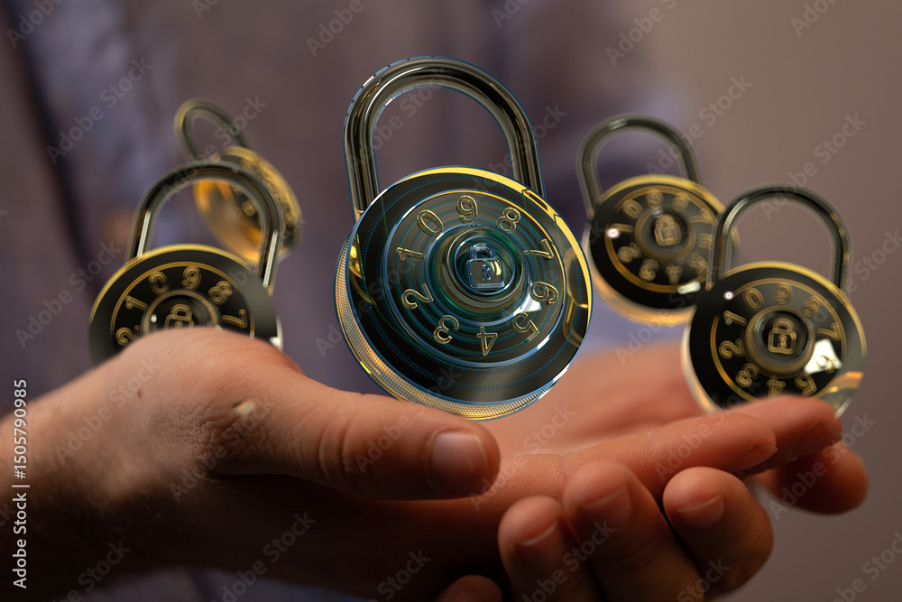 Poster Cybersecurity concept.  Image depicts multiple digital combination locks floating above a hand.