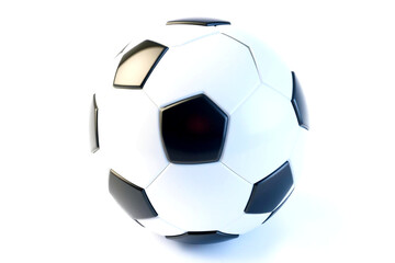 A detailed close-up of a standard white and black soccer ball on white background