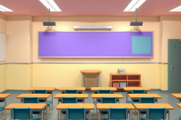 An empty classroom with a colorful purple and teal educational presentation background