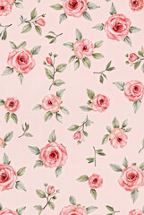  A delicate pattern of pink watercolor roses with green leaves on a soft pastel background, evoking timeless romance and vintage charm.