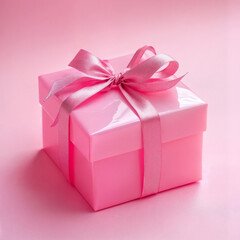 Fototapeta premium A beautifully wrapped pink gift box with a satin ribbon and bow, perfect for special occasions and celebrations.