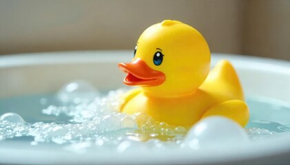 Adorable yellow rubber duckling in a bathtub, surrounded by bubbles Perfect for bath time, kids, and playful imagery A classic toy, cheerful and bright , bath accessories, playful toy