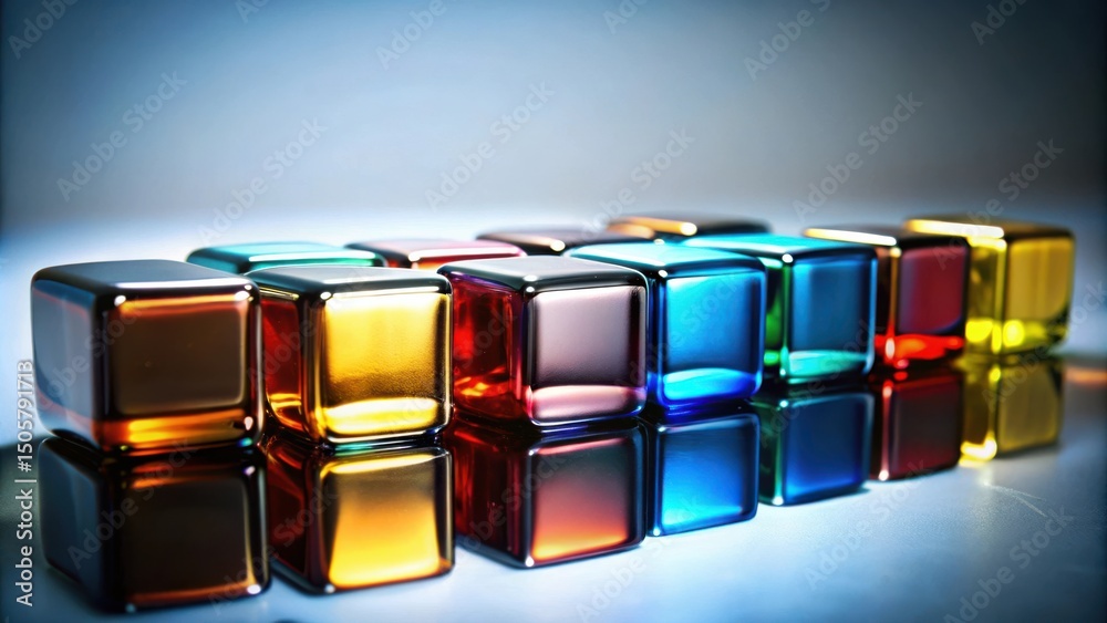 Poster a row of colorful glass cubes reflects light and creates a vibrant display of optical illusions.