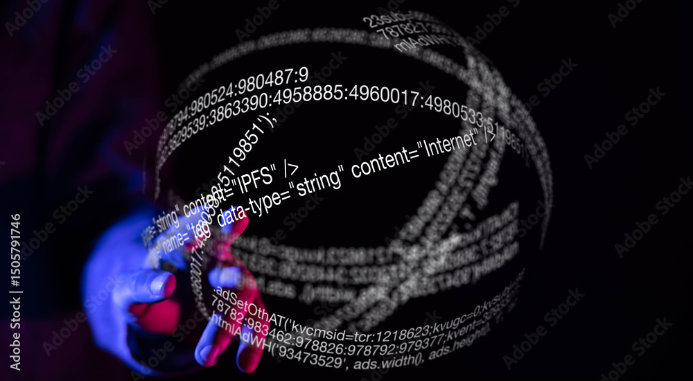 Aufkleber A hand interacts with a 3D holographic sphere displaying lines of code, representing data and technology.