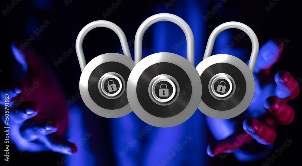 Poster Secure your data with robust cybersecurity.  Image of three padlocks.