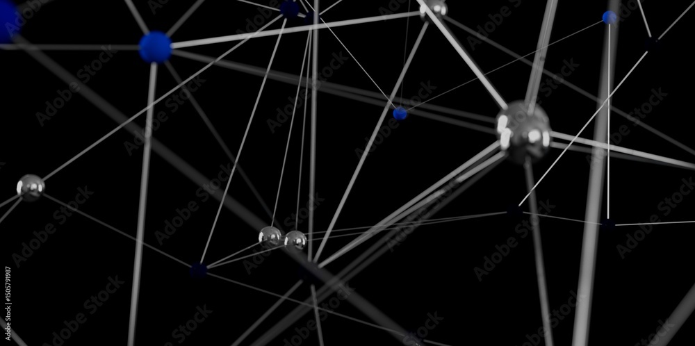Poster stock photo of an abstract network connection with silver and blue nodes. perfect for tech, connecti