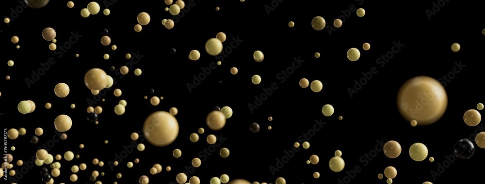 Poster beautiful abstract image of golden and beige spheres floating on a black background. perfect for pre