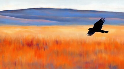 Fototapeta premium Silhouette of a bird flying over an autumnal field and distant mountains.