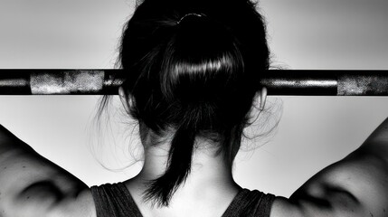 Woman's back, lifting barbell, black and white.