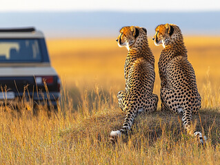 A cheetah (Acinonyx jubatus) sitting on a tree trunk in the evening sun, AI generated