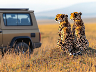 A cheetah (Acinonyx jubatus) sitting on a tree trunk in the evening sun, AI generated