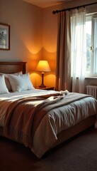 Fototapeta premium Cozy motel room with a plush blanket draped over the bed, creating a warm and inviting atmosphere Perfect for travel, relaxation, and a comfortable overnight stay , fluffy, refuge, sleep