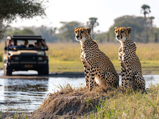 A cheetah (Acinonyx jubatus) sitting on a tree trunk in the evening sun, AI generated