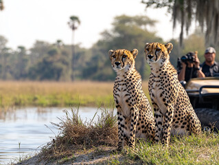 A cheetah (Acinonyx jubatus) sitting on a tree trunk in the evening sun, AI generated