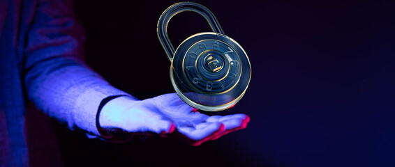Cybersecurity concept.  A glowing padlock symbolizes data protection and online safety.