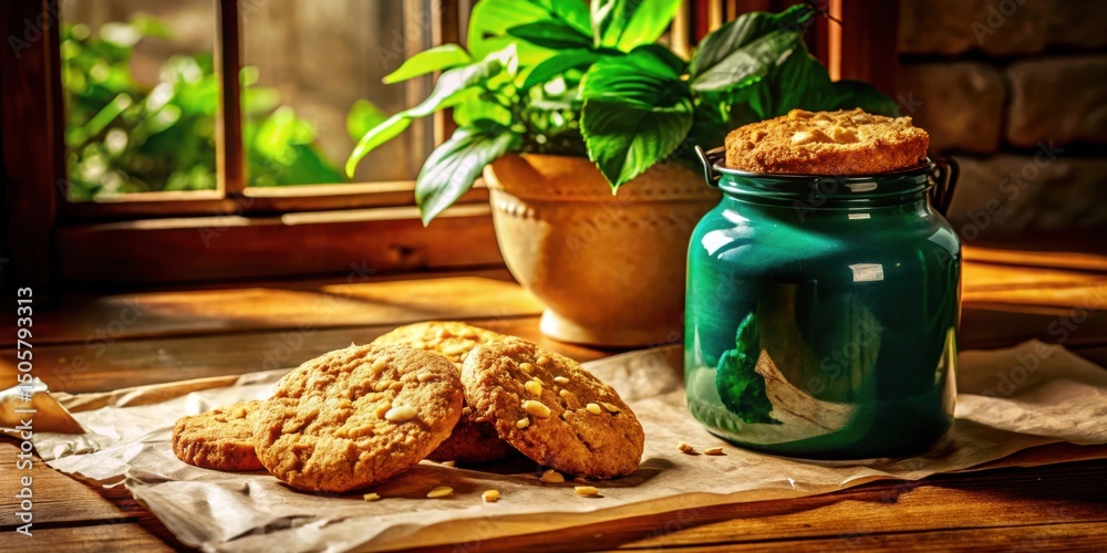 Poster A rustic wooden table setting with a green jar filled with cookies and a plant pot in the background, featuring a natural light source highlighting the texture of the table and cookies