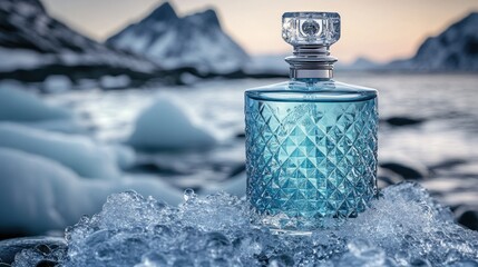 Azure perfume bottle on glacial ice