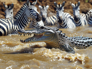 a crocodile attacks with open jaws a group of wildebeest and zebras as they cross a wide river in Tanzania during the great migration , ai generated