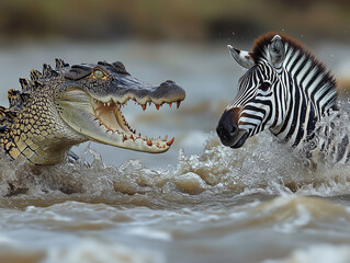 a crocodile attacks with open jaws a group of wildebeest and zebras as they cross a wide river in Tanzania during the great migration , ai generated