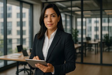 Confident Latin Female CEO Holding Digital Tablet and Looking at Camera in Modern Office

