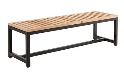 Wooden bench with black metal frame.  Simple, rectangular design with slatted wooden seat