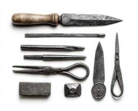 Antique blacksmith tools on white background.
