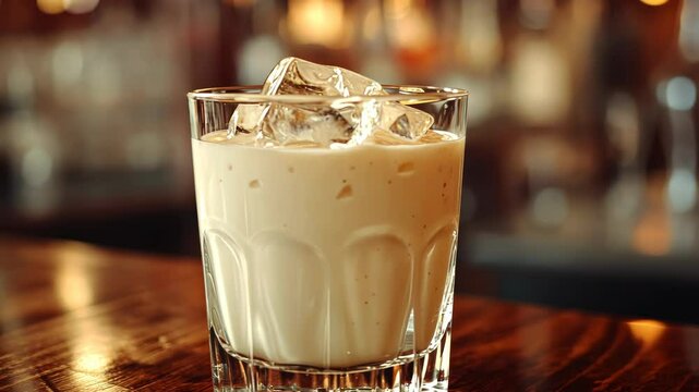 Creamy cocktail in rocks glass with ice, on a wooden bar