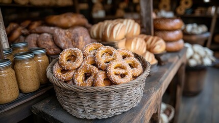 Basket of sugared bread rings, surrounded by various baked goods
