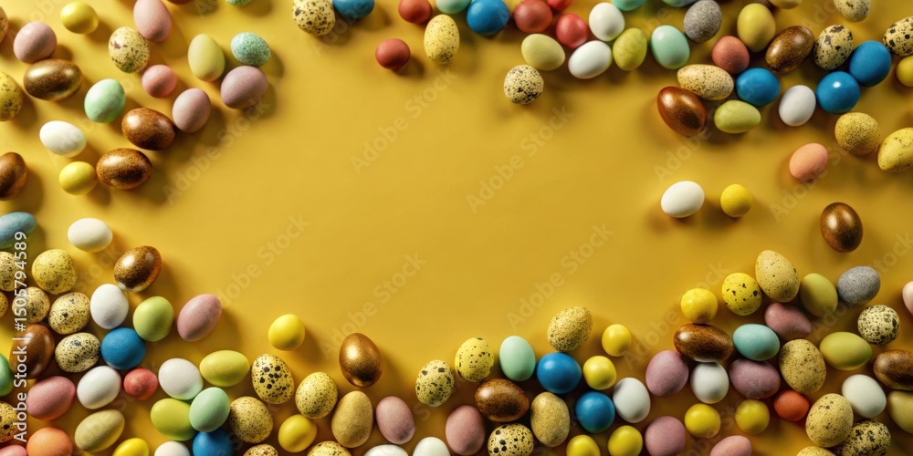 Aufkleber a festive easter arrangement with a colorful border of speckled and solid painted eggs on a sunny ye