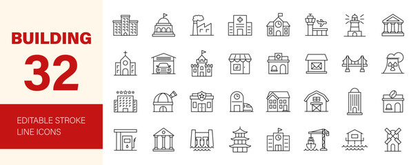 Building icon set. Containing structure, landmark, condo, government, school, church, hotel, shop, hospital, public buildings and more. Editable line icons. Vector illustration.