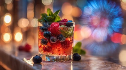 Tricolor cocktail with blueberries, raspberries, and mint, celebrating French National Day with festive elegance.