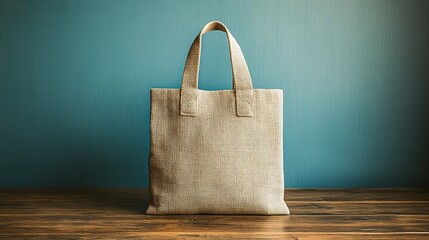 Beige canvas tote bag on wooden table