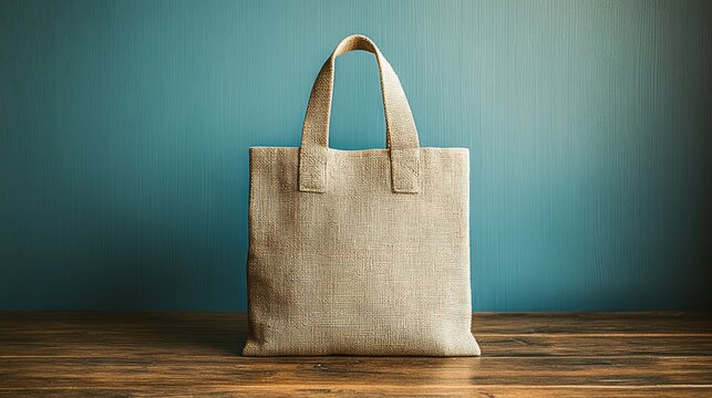 Beige canvas tote bag on wooden table