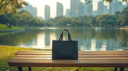 Black tote bag on park bench overlooking lake