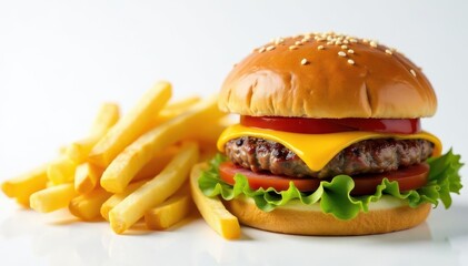 Close-up shot of french fries and burger on white , french fries, meal, white background