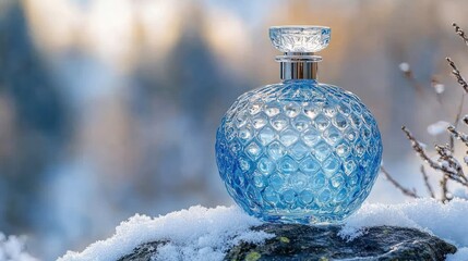 Blue perfume bottle on snow