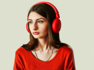 Attractive girl in red shirt with red big wireless headphones, light color wall background. Young...