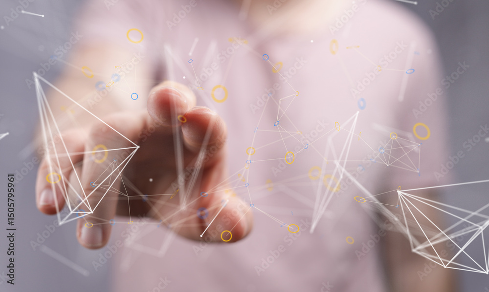 Poster abstract image of a hand interacting with a digital network, representing connection and technology.