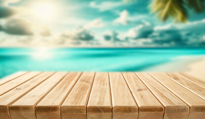 Empty wooden table or deck overlooking a calm beach at sunrise. Ideal for showcasing products, vacation promotions, or wellness themes in a summer, tranquil setting